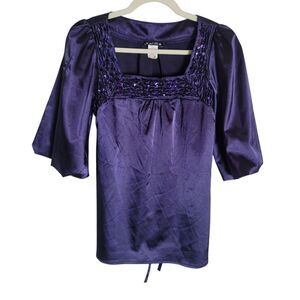 Zalma Satin Sequin Blouse Women's Small Purple Puff Sleeve Whimsigoth Fairy VTG